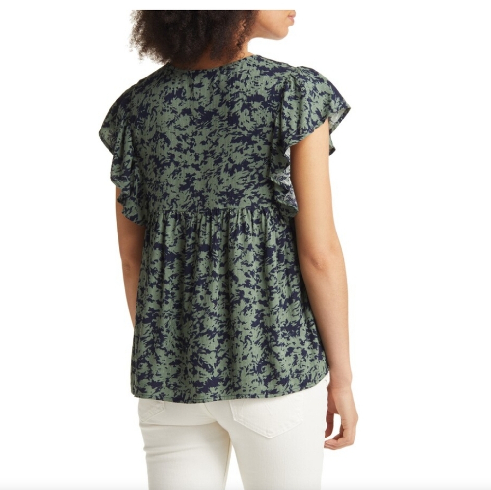Caslon Popover Textured Flutter Sleeve Green Top Size Small - Picture 2 of 10